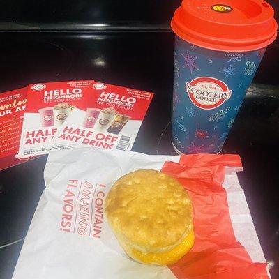 Egg & cheese biscuit sammie, oatmilk latte and 1/2 off coupons