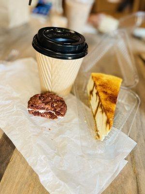 Creme Brulee Cheesecake, red velvet cookie, and cappuccino.