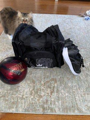 Ball, bag, shoes, and surprise guest (my girlfriend's cat)