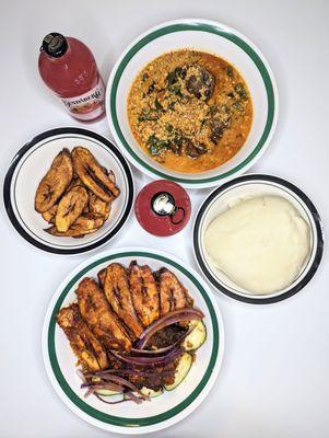 Jollof rice, egusi soup, pounded yam, plantains, guava soda