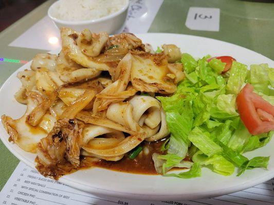 Chili pepper squid with rice. Too exciting and squid was pretty tough.