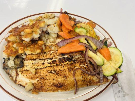 Pan fried trout plate (Lunch) with crispy home fries and veggies