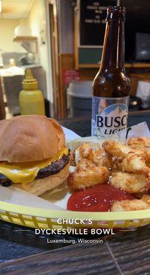 Cheeseburger, cheese curds, and beer.