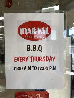 With the change of weather that means now Mar-Val  will be barbecuing every Thursday For your lunch convenience