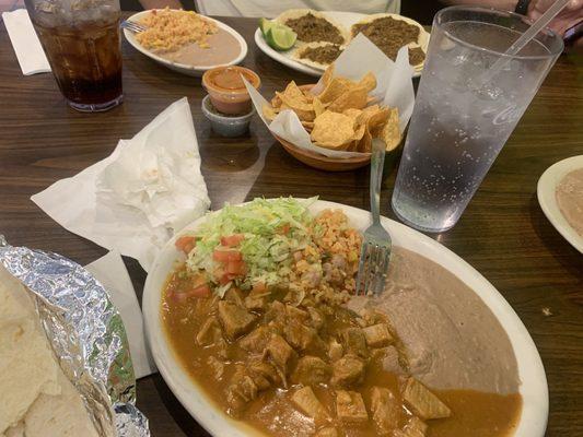 Chile verde and barbacoa tacos