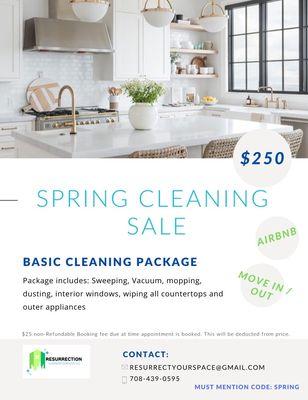 Spring Cleaning!!! Basic Cleaning package on sale now. Call to book