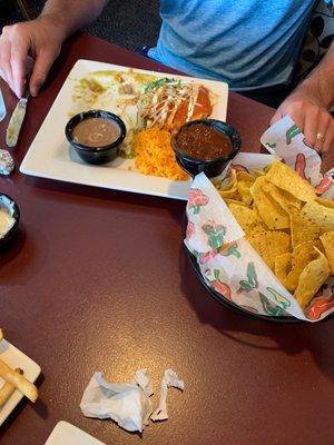 Burrito Divorciado with pork, very good atmosphere, quality chips and salsa. A bit pricy for a Mexican restaurant but very good.