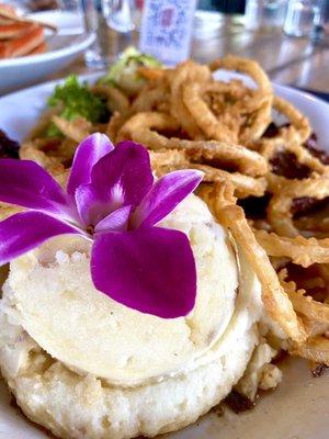 Steak with Homemade Onion Rings and Creamy Mashed Potatoes