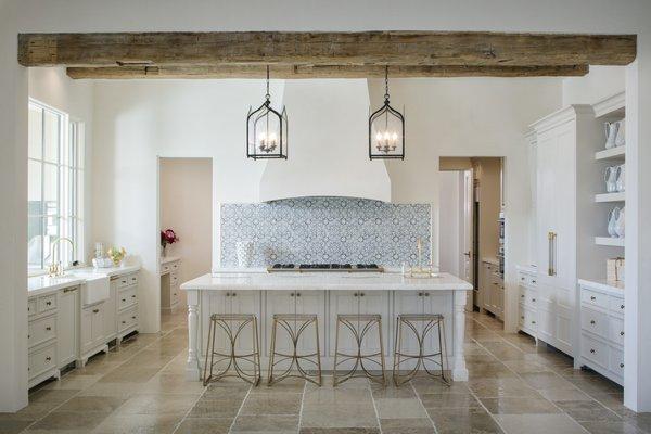 Modern White Kitchen with Rustic Beams