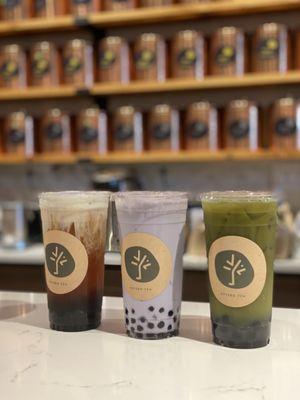 Taro milk tea with boba 
Matcha with boba 
Paradiso peach with boba