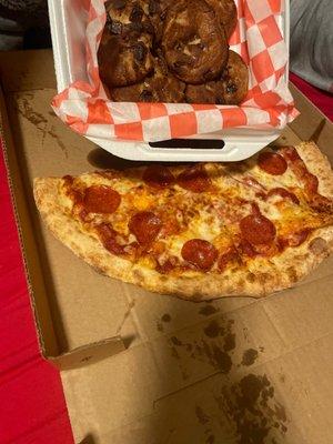 Half baked cookies and hand tossed Large Pepperoni