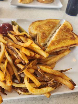 Tuna melt and fries.