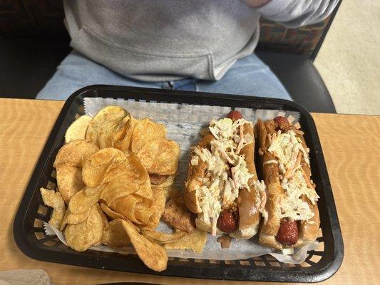 Hotdogs and chips.