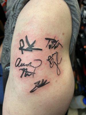 Ryan's, Audra's, Sam's, Trevor's and Zach's signatures tattooed on the greatest fan of First to Eleven!