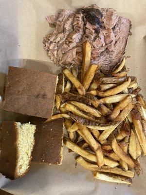 Cornbread is WAY over cooked and dry. The brisket and fries absolutely AWESOME!