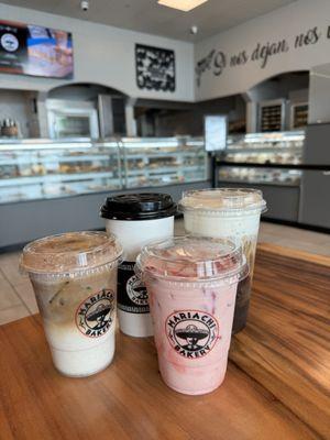 Horchata latte, hot cafe de olla, iced cafe de olla with sweet cream, strawberry horchata