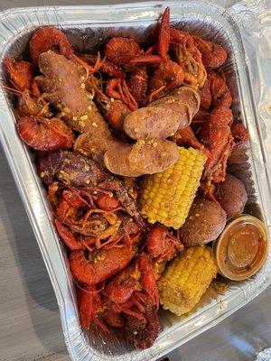 Crawfish, corn, potato, sausage