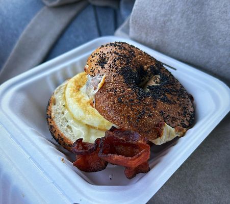 Poppy Seed Bagel with Bacon Egg and Cheese