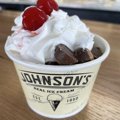 Buckeye Sundae: 1 scoop of Buckeye Fever Ice Cream topped with Hot Fudge, Spanish Peanuts, Whipped Cream, and mini-Buckeyes