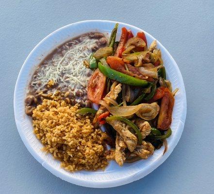 Peppers, onions, cilantro, tomato, rice & beans.