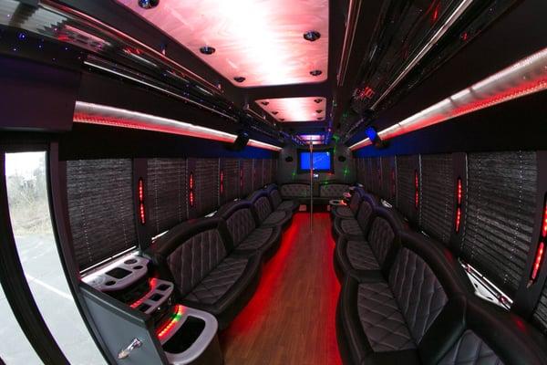 interior of 32 passenger partybus with red light special