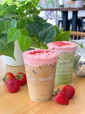 Strawberries and Cream Latte and Strawberries and Cream Match Latte with Strawberries and Cream Cold Foam