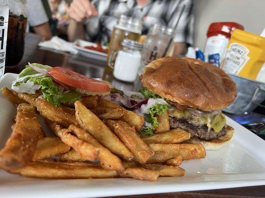 Haunted burger and fries!! So delicious! Love the green chilies!