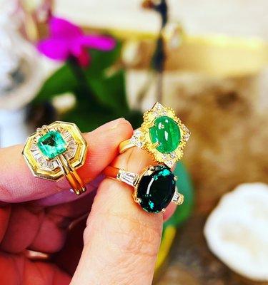 Green Emeralds & Tourmaline rings with diamonds set in yellow gold. Custom made here in Thousand Oaks CA