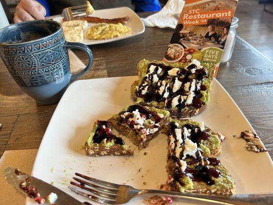 Avocado toast with goat cheese and jam. Awesome!