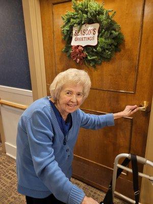 Aunt and her Christmas wreath.