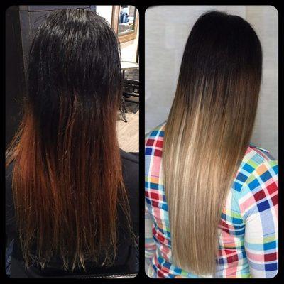 Beautiful Ombré color and Human Hair Extensions by our stylist Alin