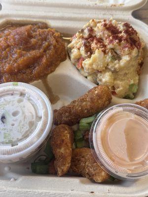 Fried Shrimp, yams, potato salad and coleslaw