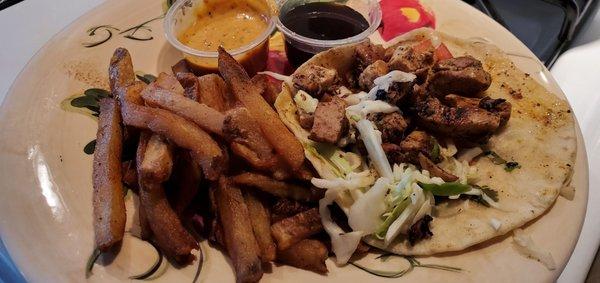 Blackened chicken tacos and fries