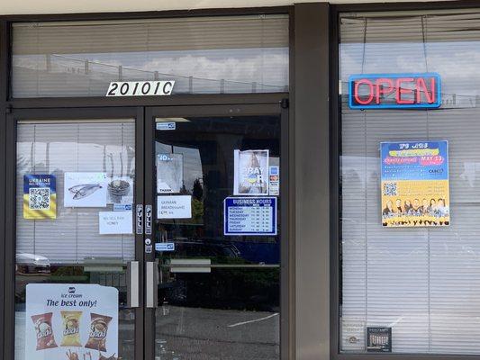 Several signs on the windows show support for Ukraine and its fight for freedom against the Russian invasion