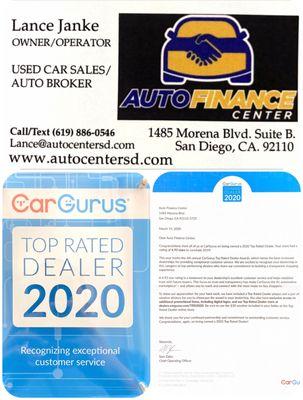 Auto Finance Center is proud to be named 2020 CarGurus Top Rated Dealer. Thank you to all our customers for the great reviews!