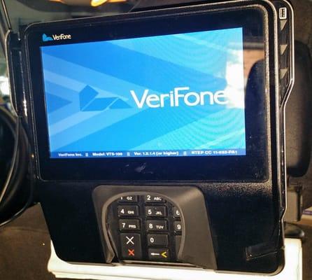 We use verifone back seat mobile system for passengers convenience and safety of your credit/debit card you are able to swipe it yourself!