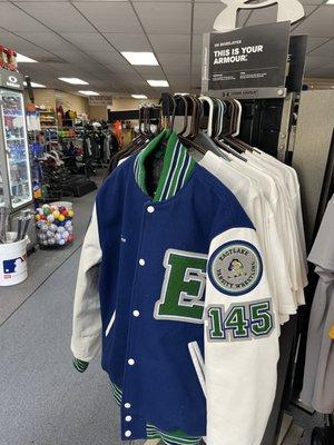 Almas alterations inside is the best spot to add to your letterman jacket.  The store has samples to try & order.