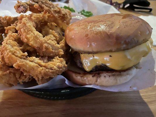 1/2 lb Cheese burger and onion rings