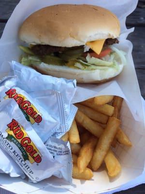 Burger and fries from the Carl's BBQ stand.