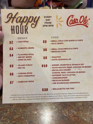 Happy hour menu