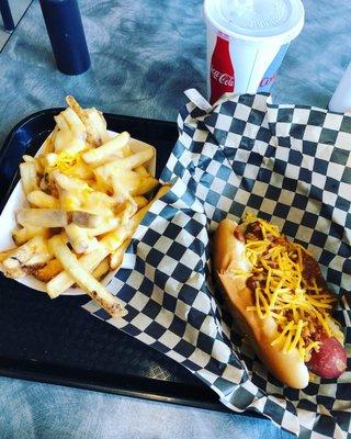 Chili dog and cheese fries. Yum!