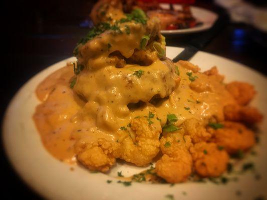 Eggplant Napoleon with Fried Shrimp and Crawfish Cream