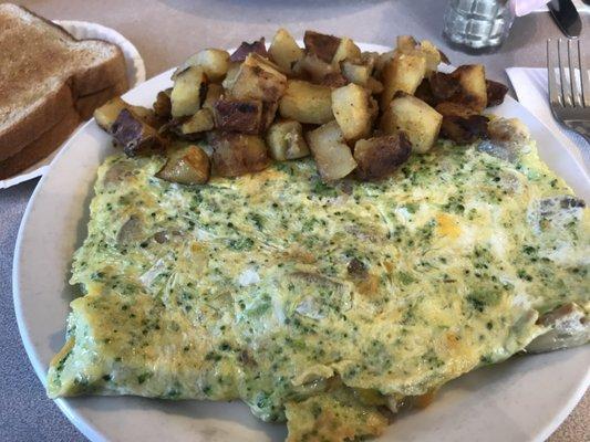 broc-sausage-mushroom-cheddar omelet