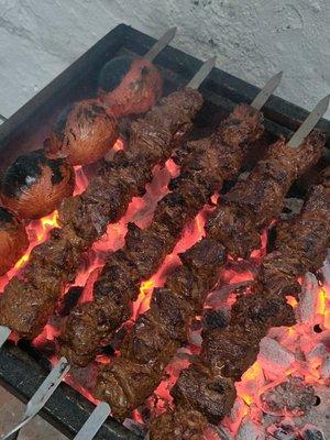 Beef shish kabob and persian Jujeh kabob.