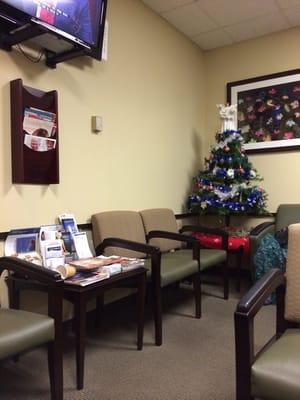 Waiting area has a cute Christmas tree