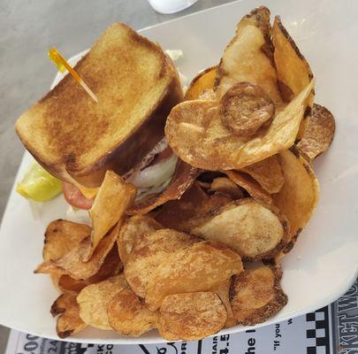 Tuna salad sandwich with lots of tasty homemade chips