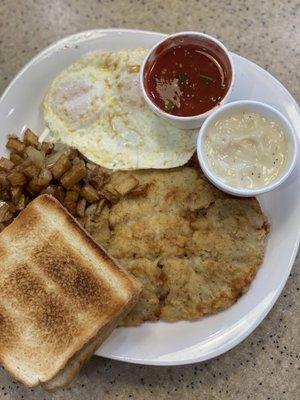 Big Breakfast. Chicken fried steak, gravy, skillet potatoes, 2 over easy eggs. Mijo said this breakfast was pretty freaking good.