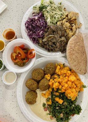 Chicken Platter with red/green cabbage slaw, sautéed mushrooms/onions, and Falafel Platter with carrots salad, spicy tabouli, and hummus