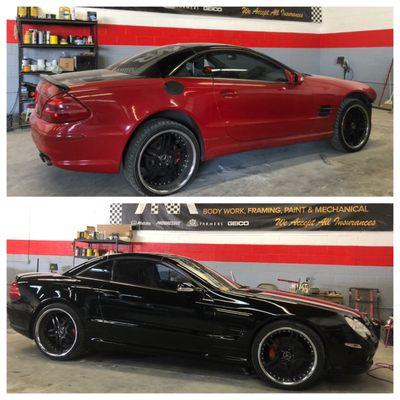 Before & after picture of a complete transformation done on this beautiful Mercedes-Benz SL55