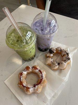 Had the cookies and cream and the raspberry funnel cake mochinut with the matcha and a ube milk tea